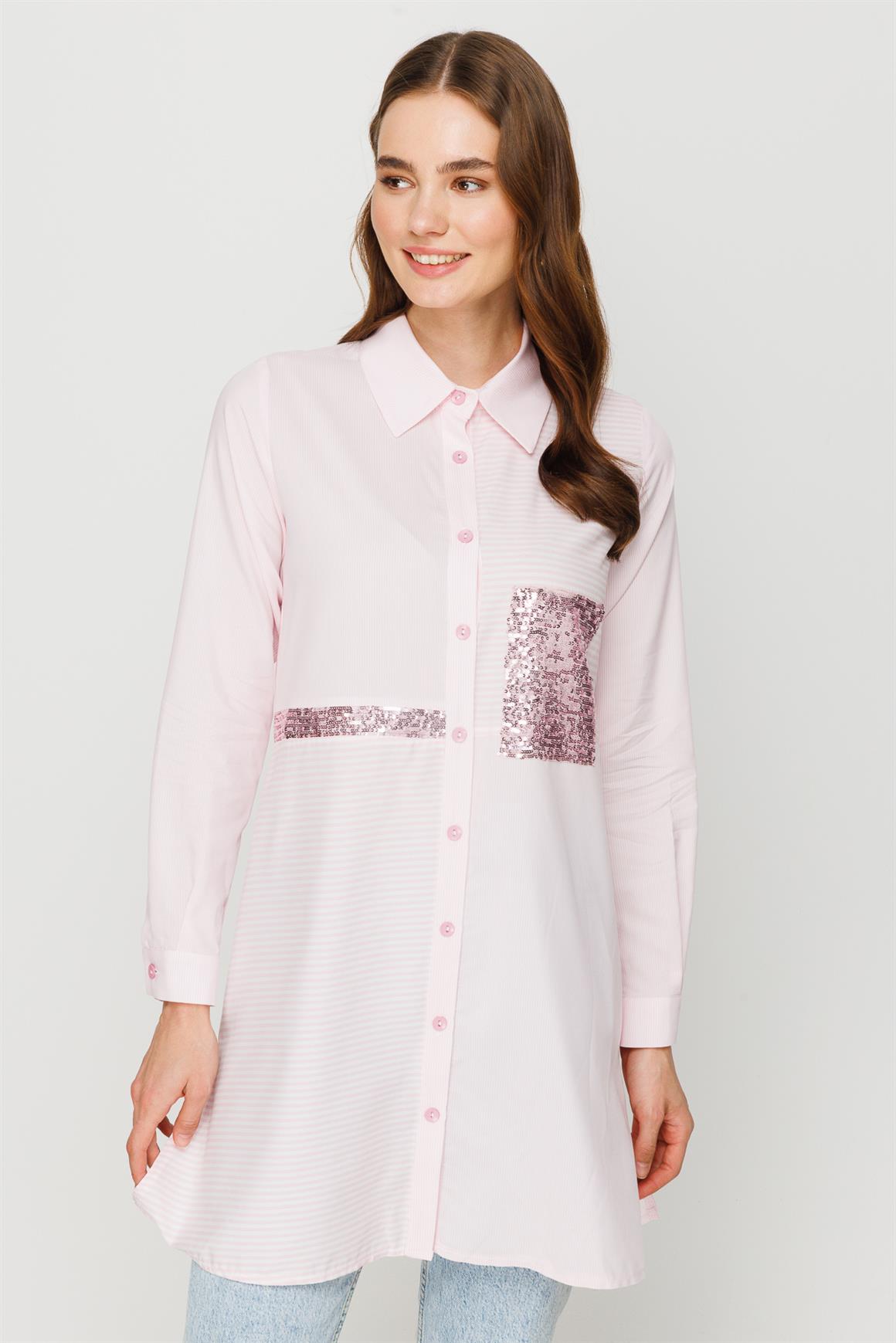 Payet Detaylı Çizgili Tunik  Pembe · 5
