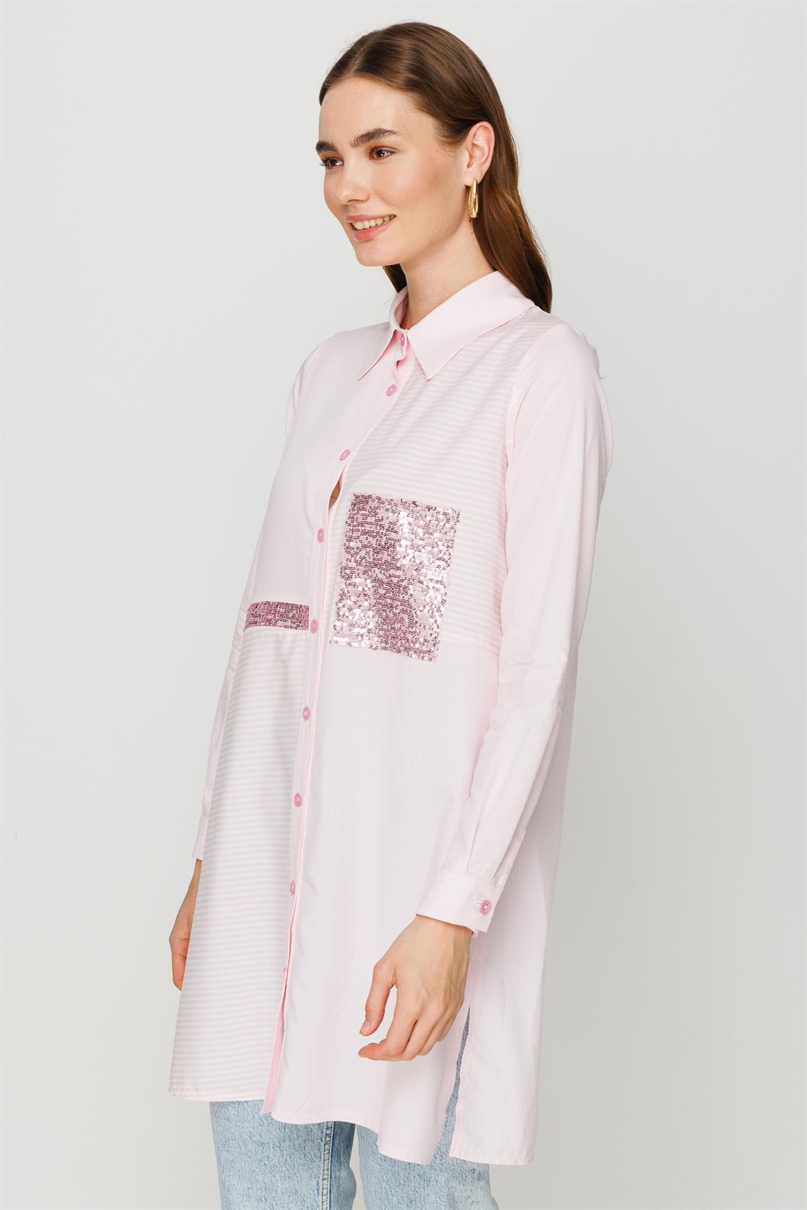 Payet Detaylı Çizgili Tunik  Pembe · 2
