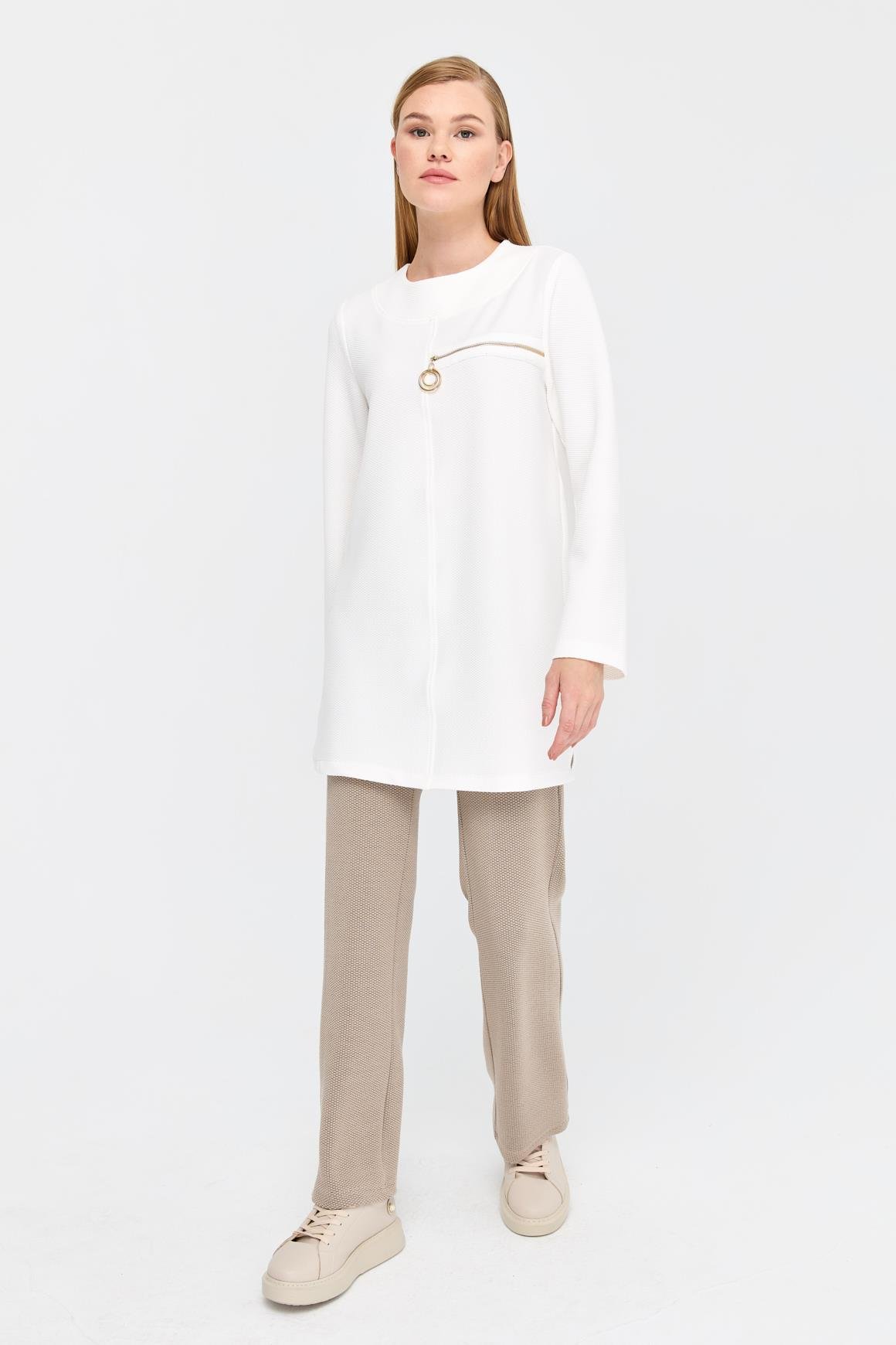 Pike Dokulu Fermuar Detaylı Tunik  Ekru