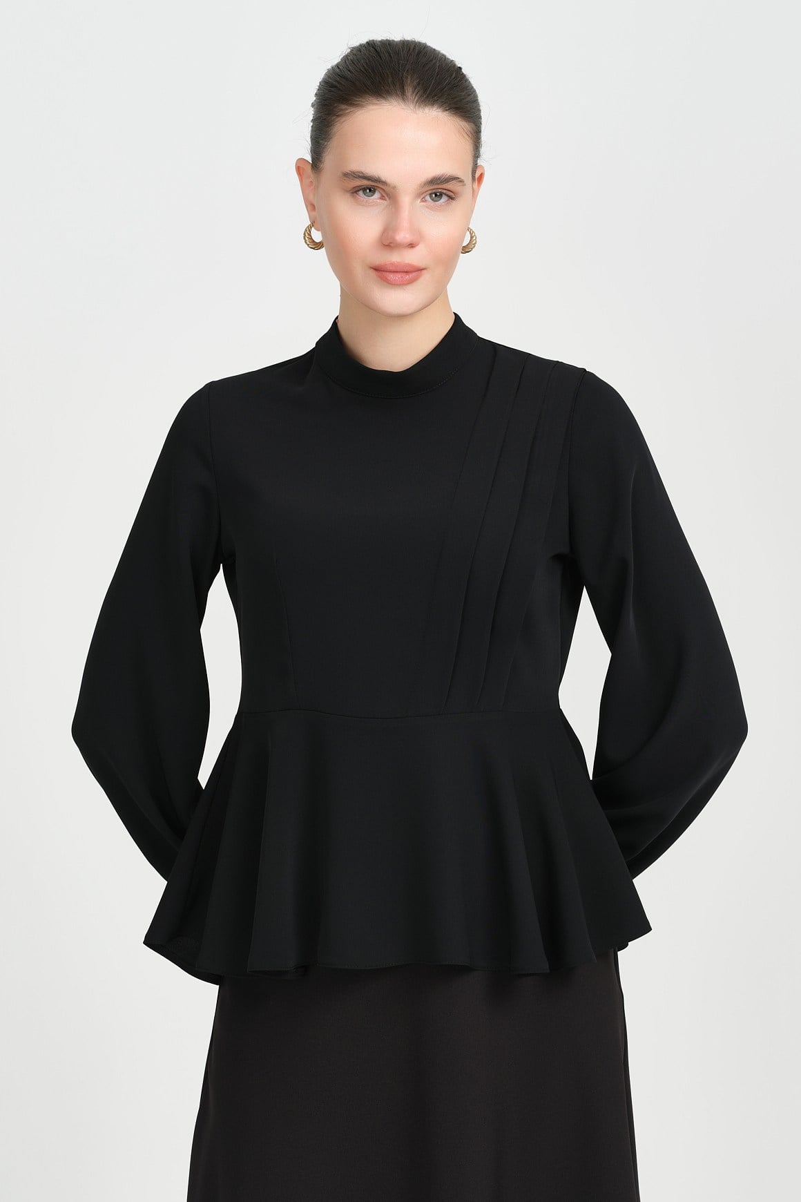 Pile Detaylı Tunik  Siyah