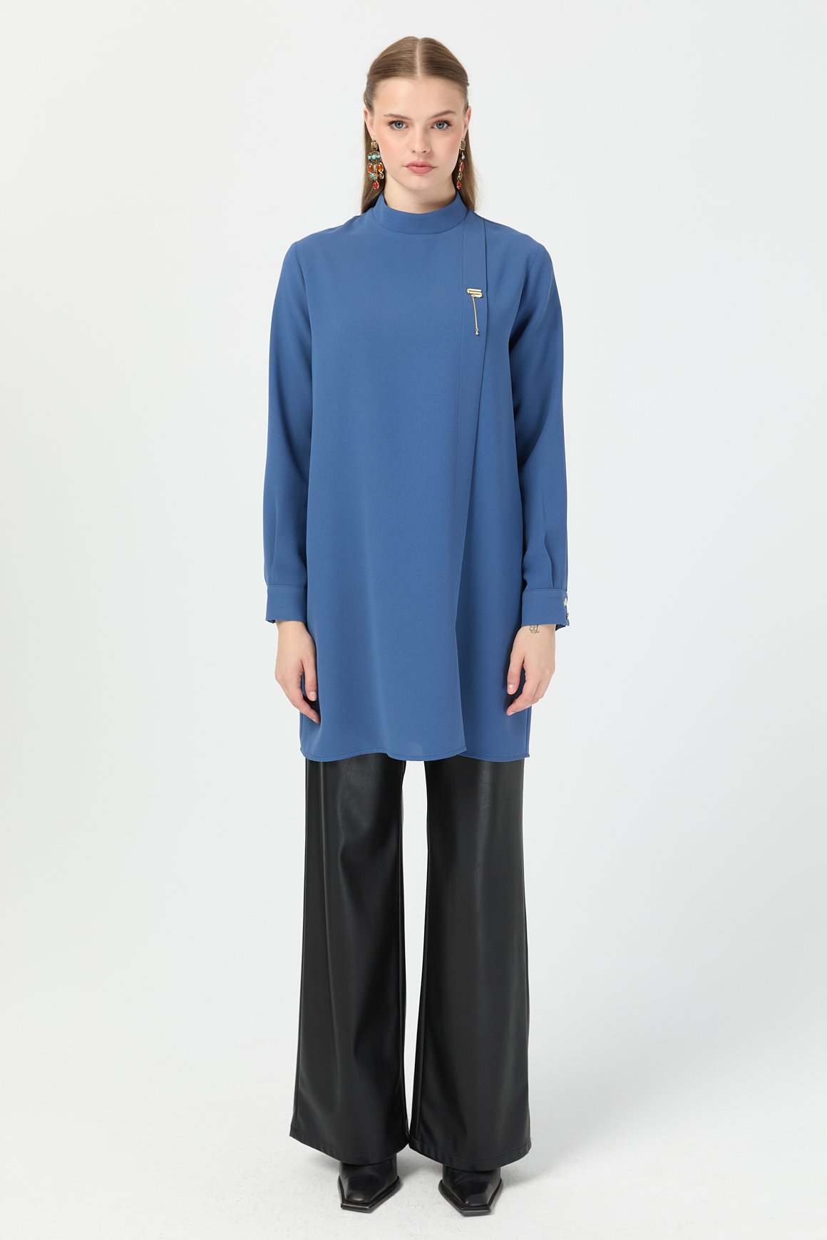 Pili Detaylı Tunik  İndigo