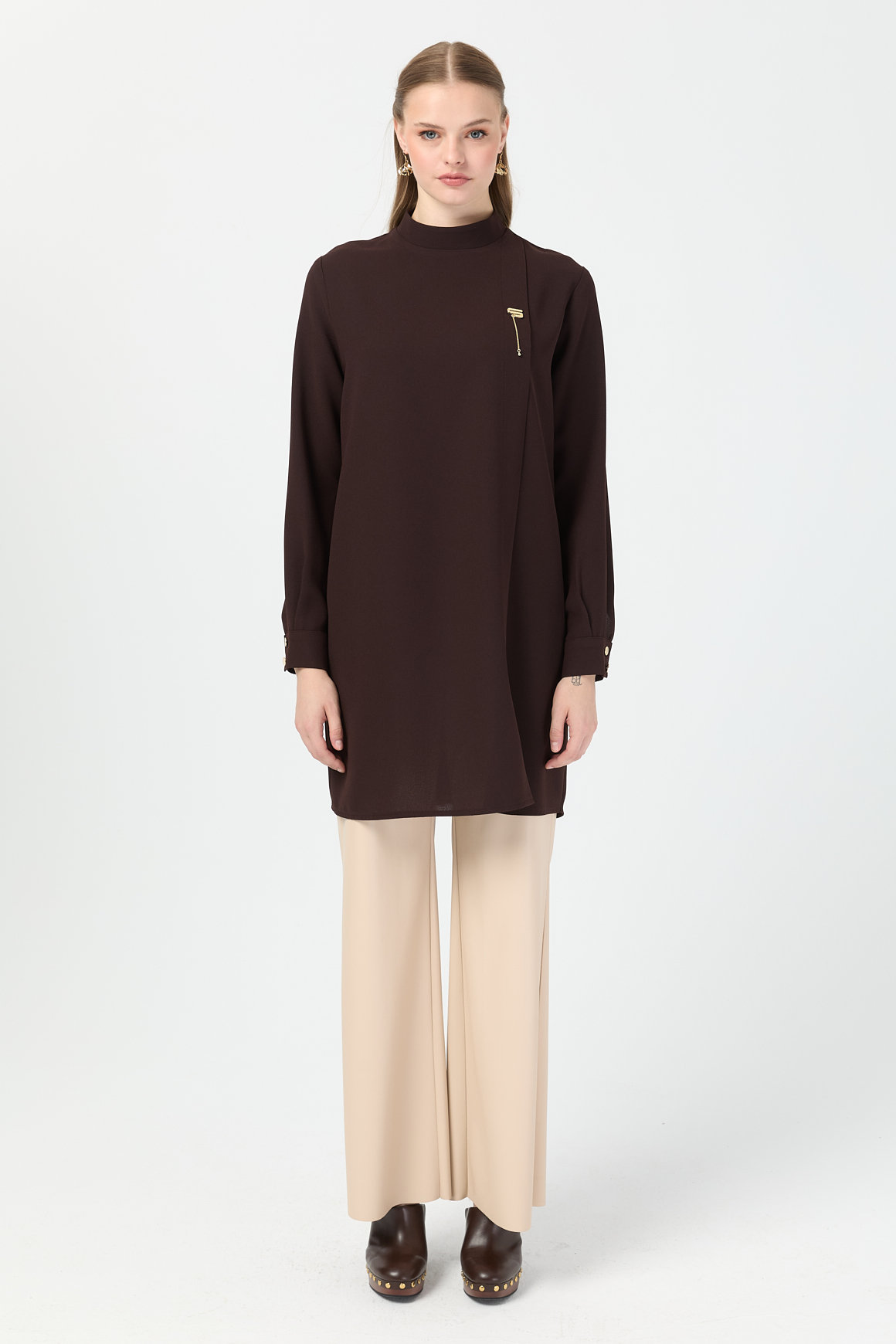 Pili Detaylı Tunik  Kahve