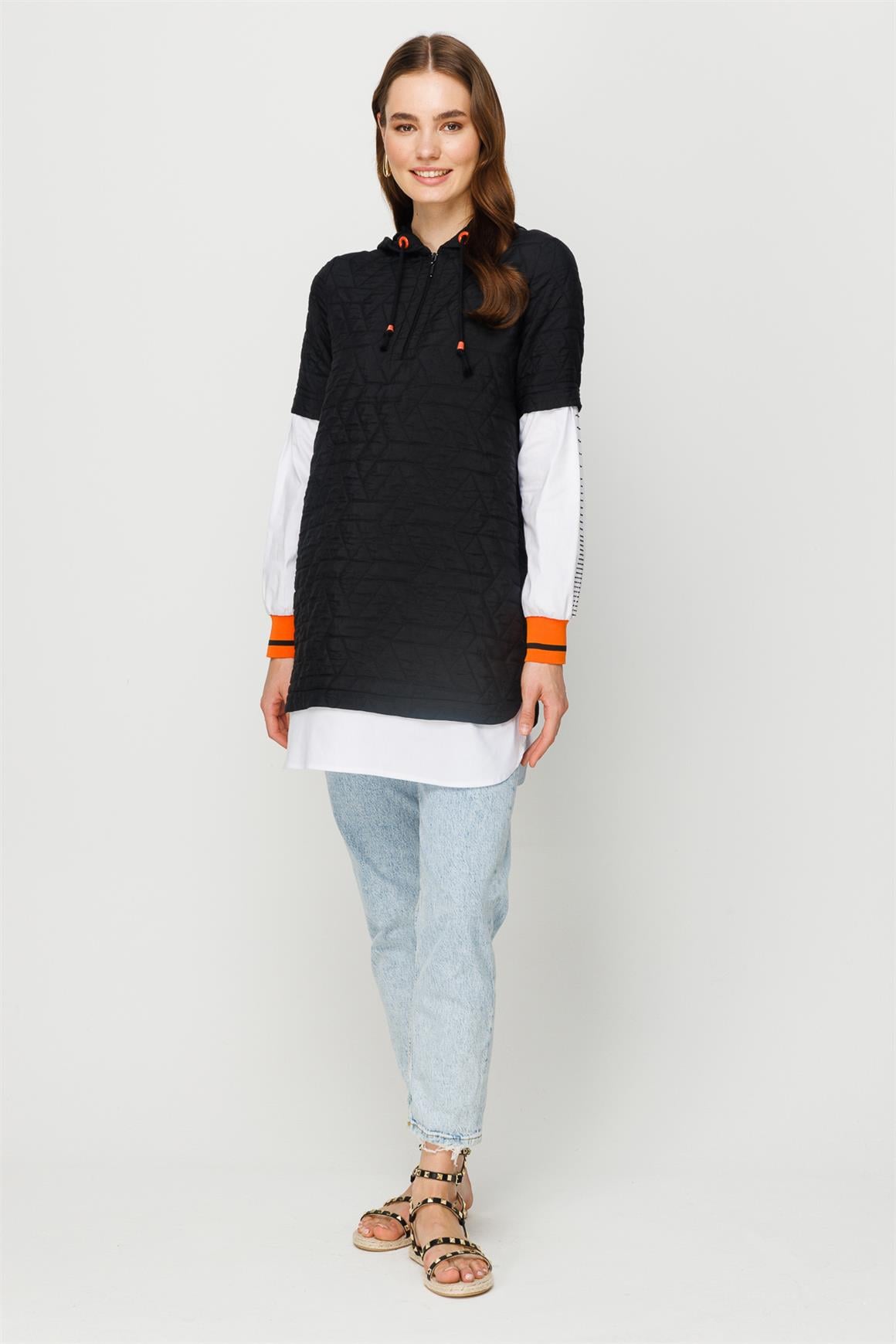 Puffer Detaylı Kapişonlu Tunik  Siyah