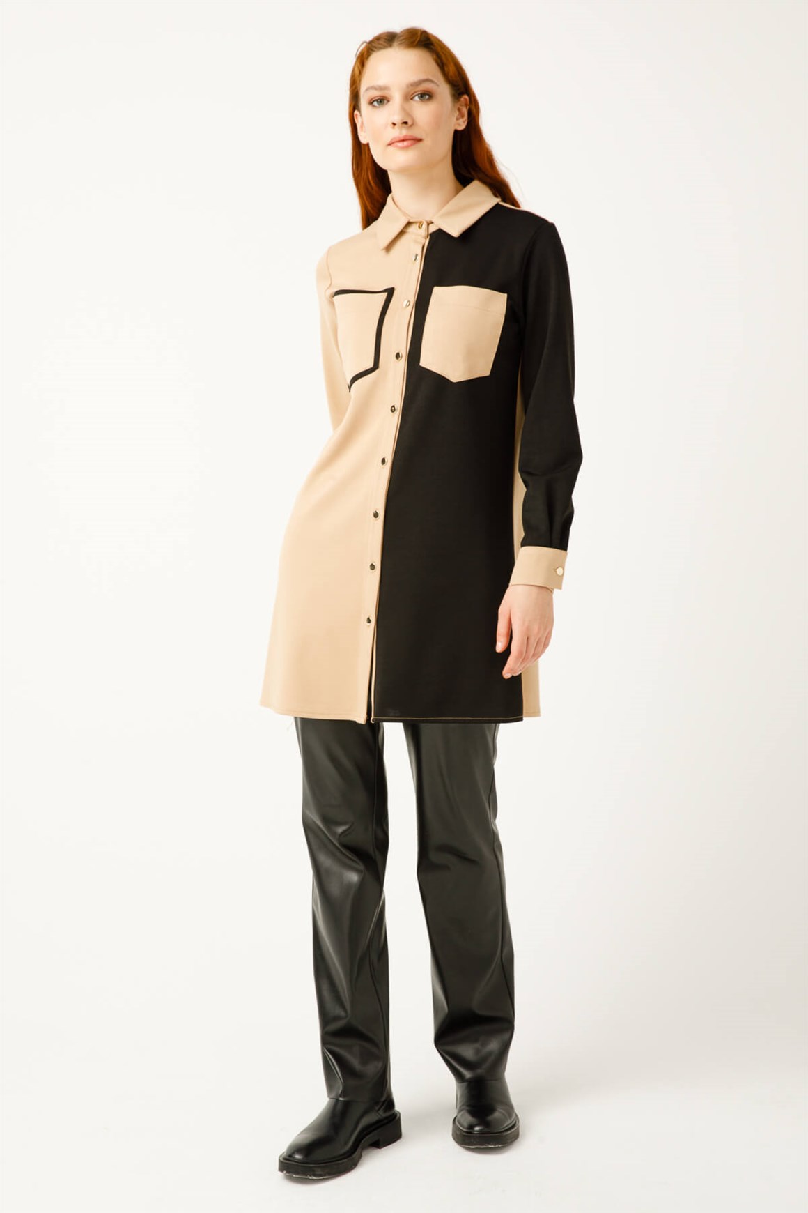 Renk Geçişli Çelik Örme Kumaş Spor Tunik  Vizon