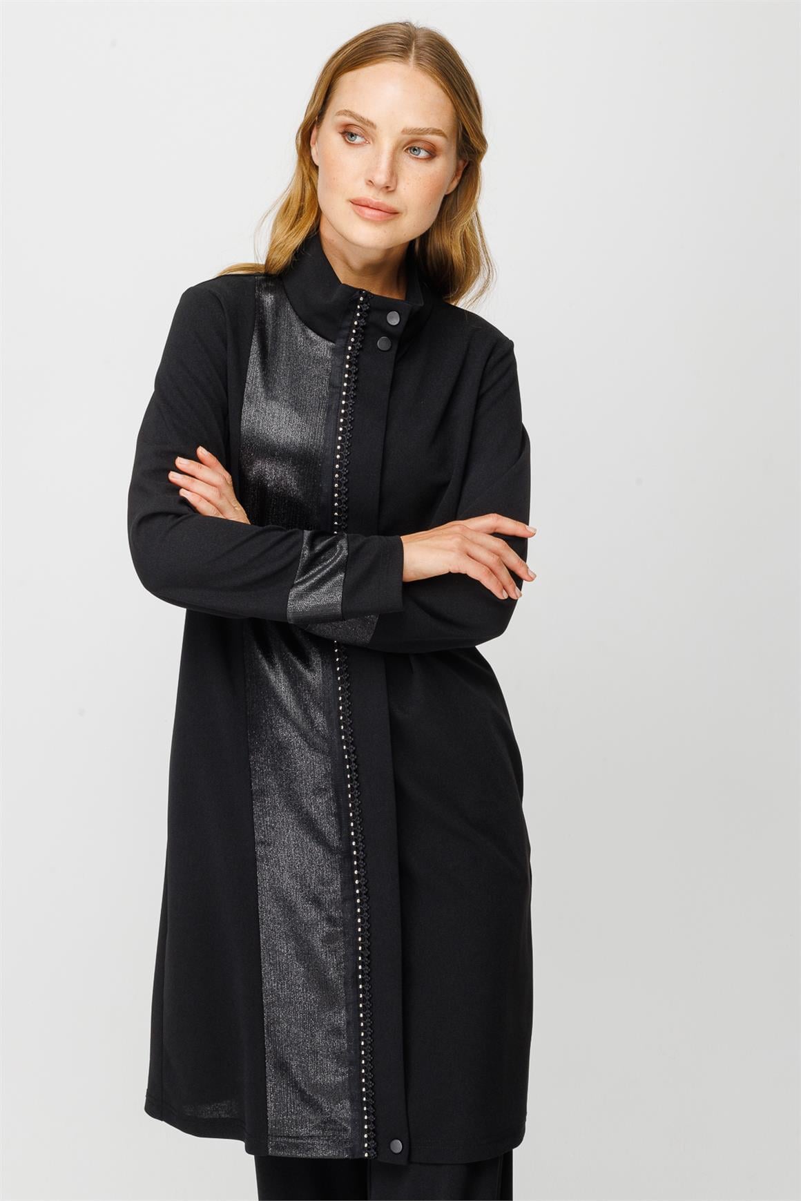Şerit Detaylı Fermuar Kapamalı Giy Çık Tunik  Siyah