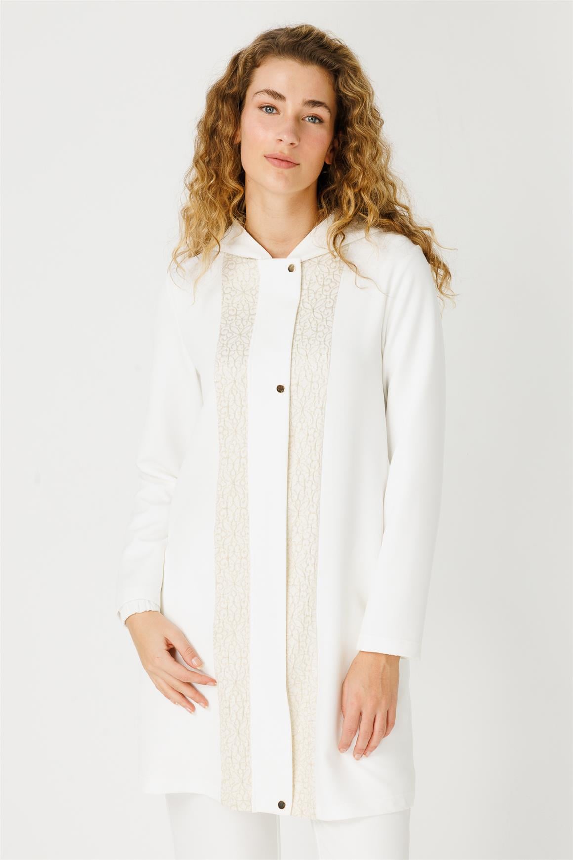 Şerit Garnili Kapişonlu Giy Çık Tunik  Ekru