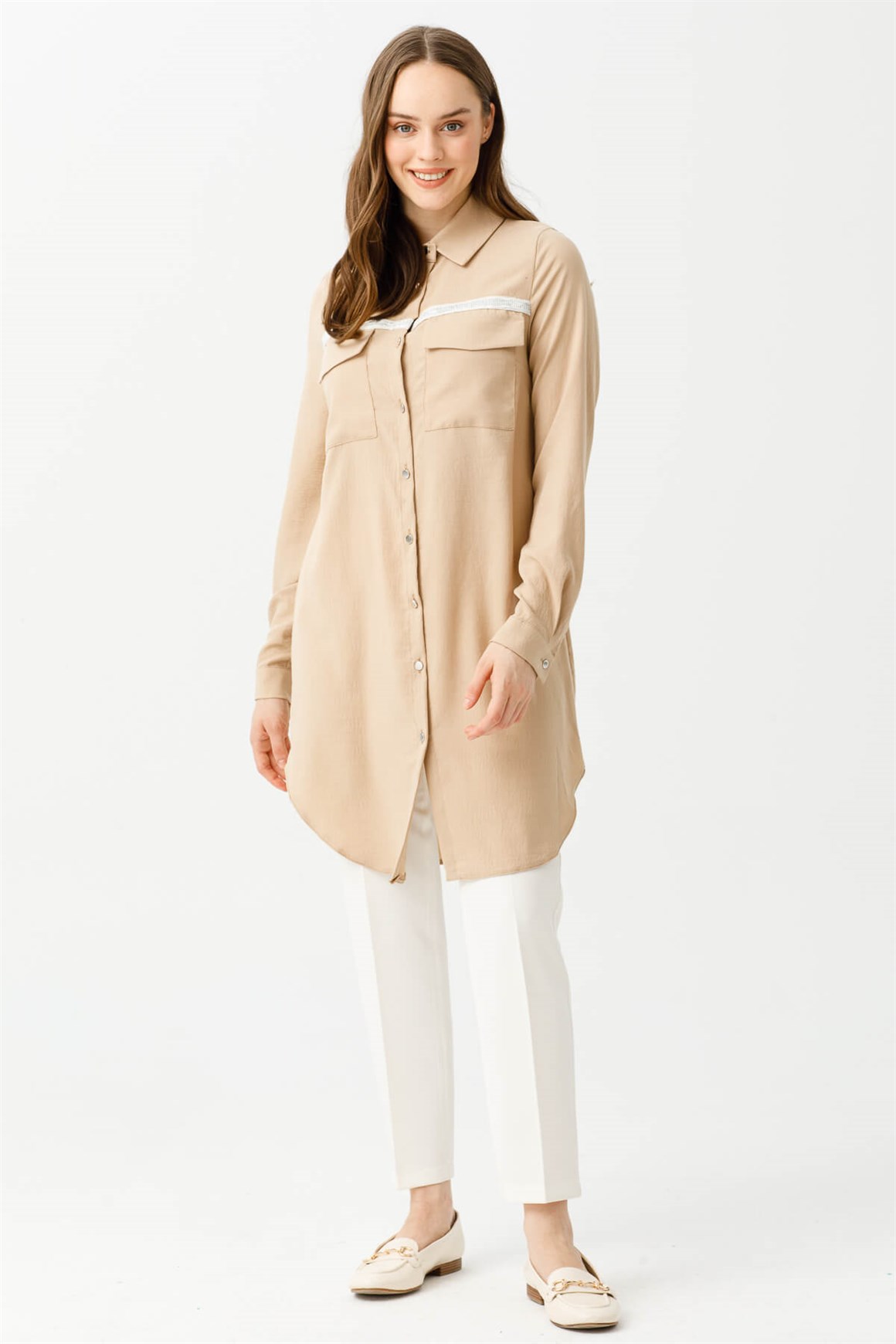 Şerit ve Cep Detaylı Doğal Dokunuş Kumaş Tunik  Camel
