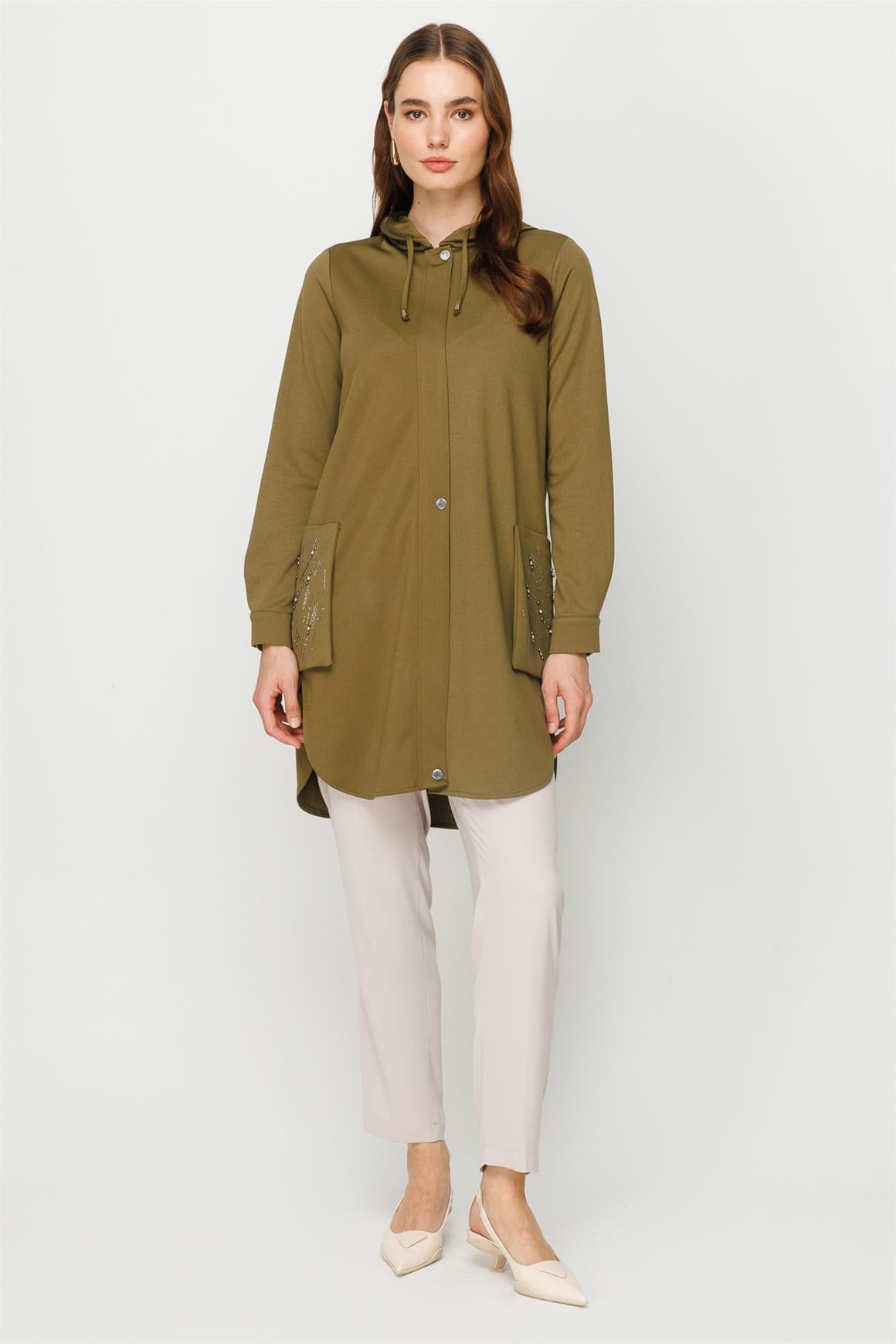 Torba Cep Üzeri Taş İşli Fermuar Kapamalı Git Çık Tunik  Haki