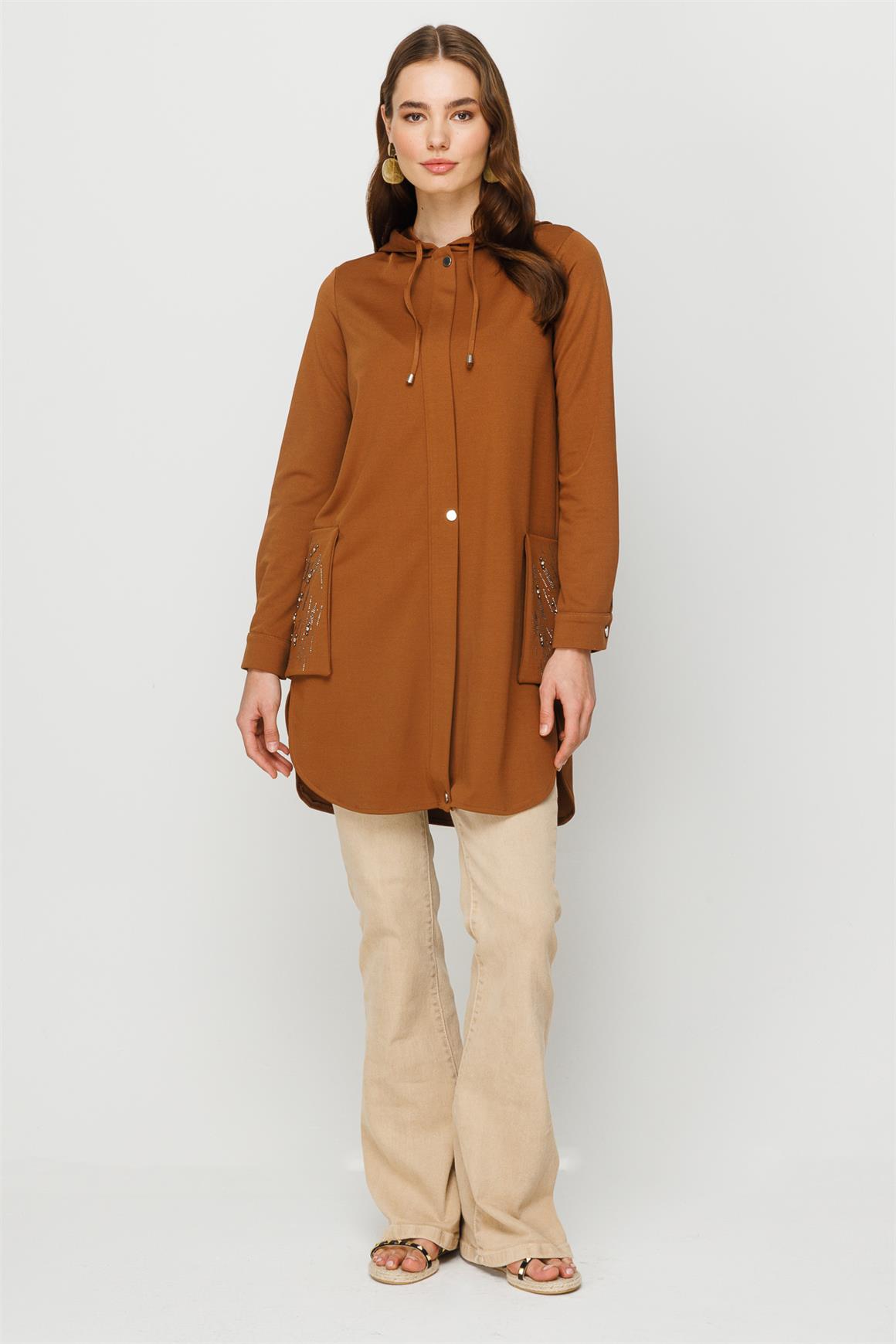 Torba Cep Üzeri Taş İşli Fermuar Kapamalı Git Çık Tunik  Taba