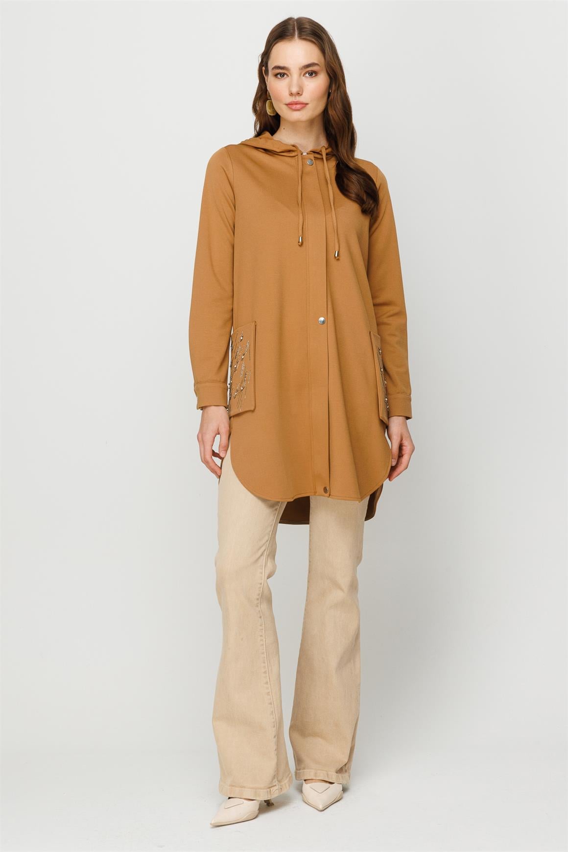 Torba Cep Üzeri Taş İşli Fermuar Kapamalı Git Çık Tunik  Camel