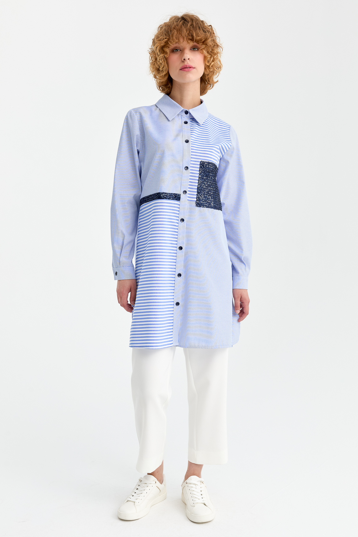 Striped Tunic with Sequin Detail - Blue