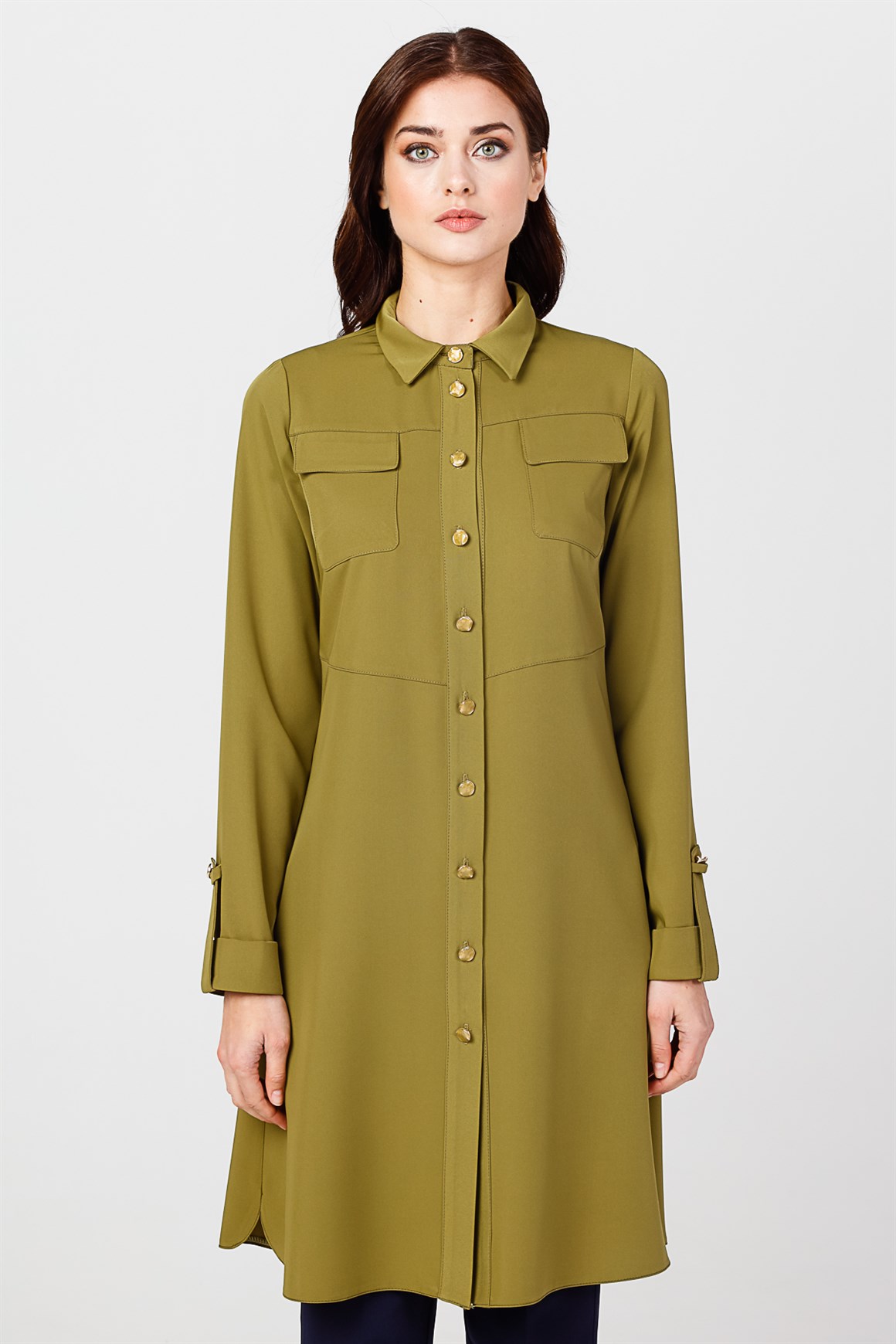 Oil Green - Buttoned Sleeve Detailed Tunic