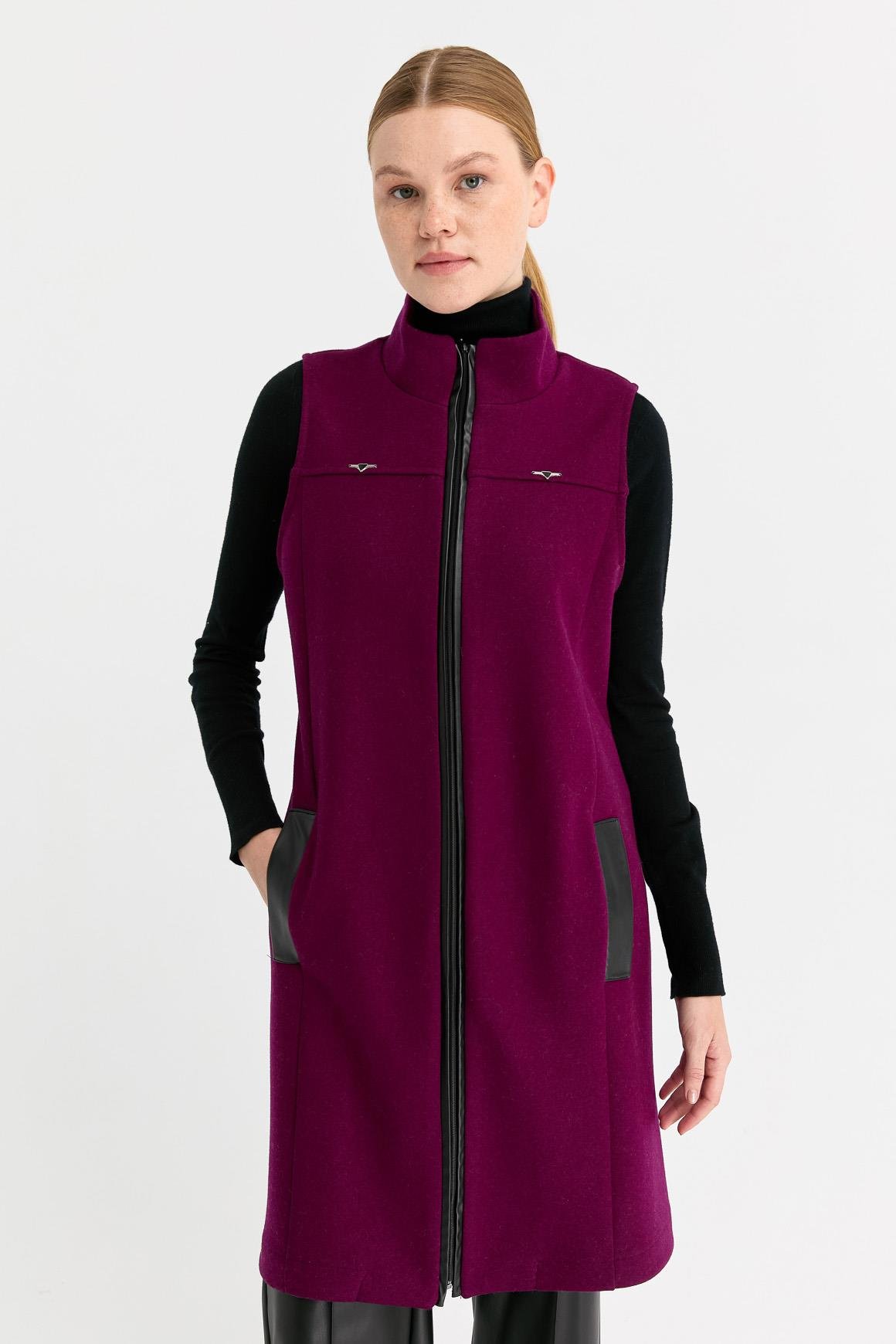 Deri Cep Detaylı Keçe Yelek  Mor