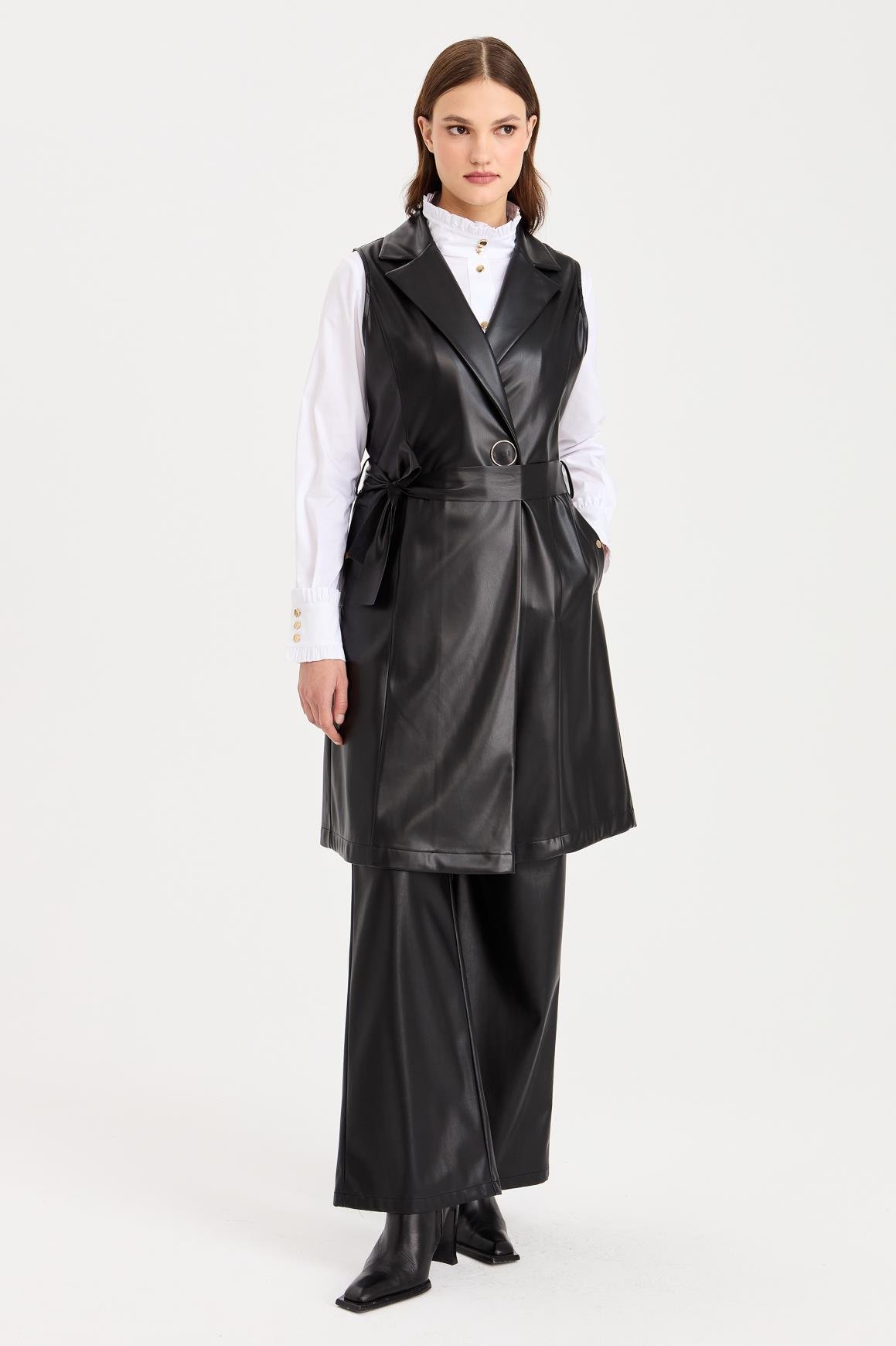 Halka Detaylı İçi Süet Kaplı Deri Yelek  Siyah