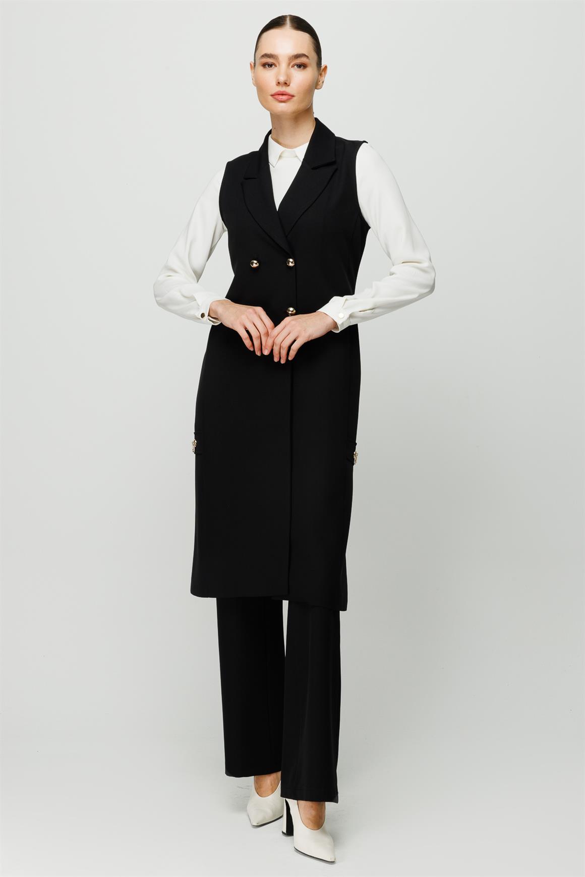 Kruvaze Kapamalı Tunik Yelek Pantolon Takım  Siyah