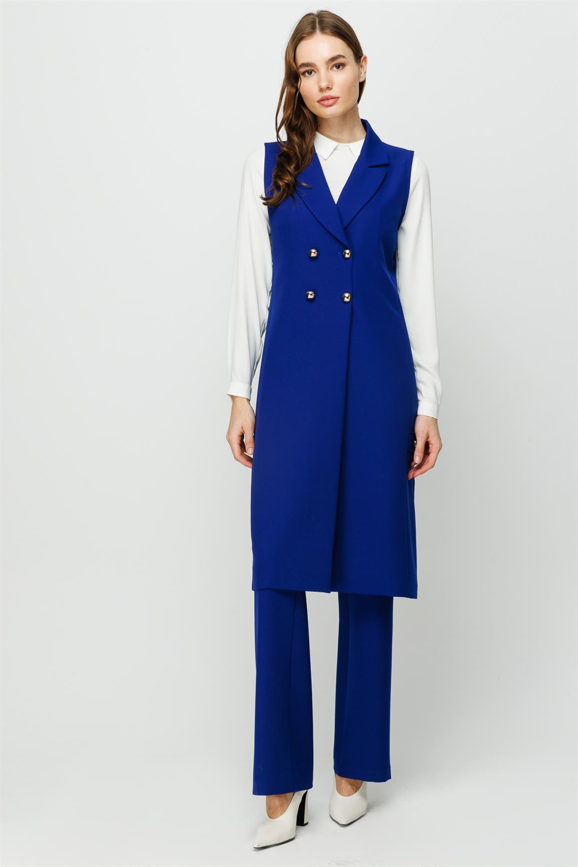 Kruvaze Kapamalı Tunik Yelek Pantolon Takım  Saks