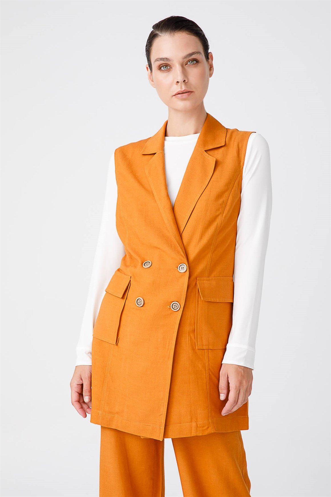 Kruvaze Yelekli Takım  Oranj