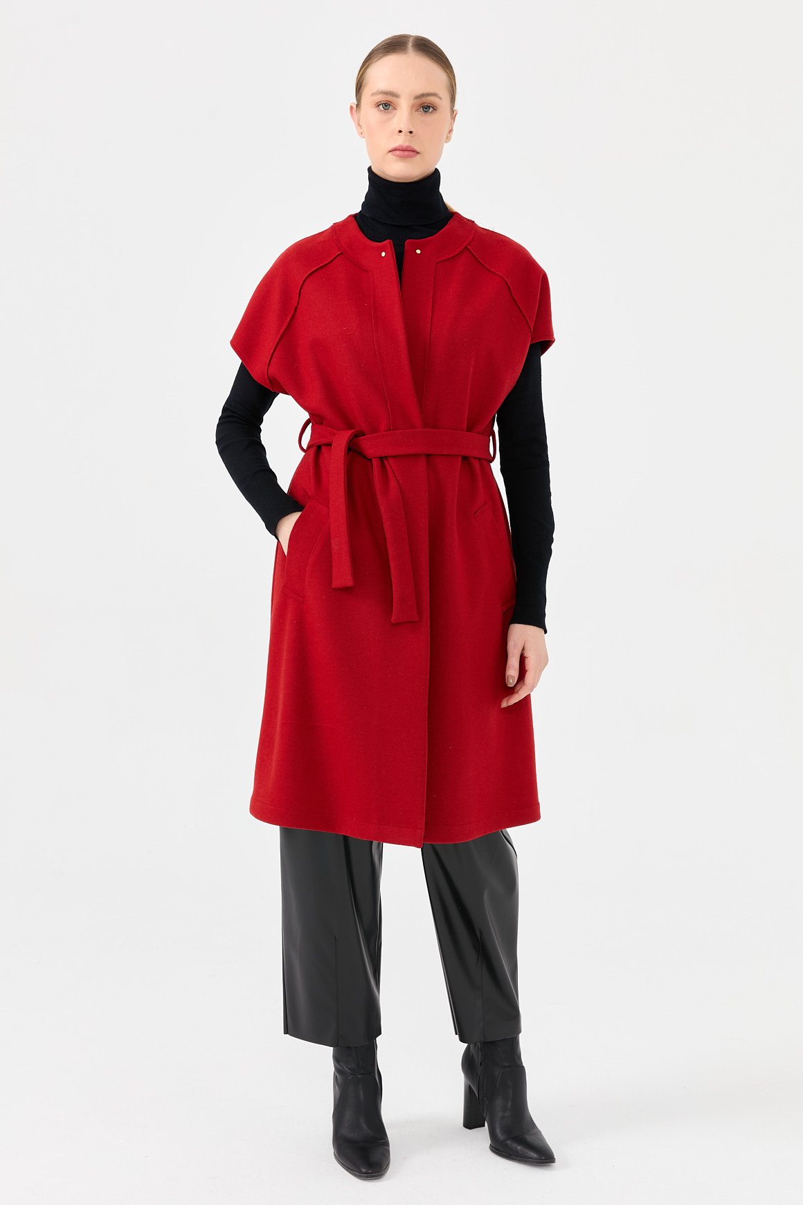 Yün Karışımlı Keçe Yelek  Kırmızı