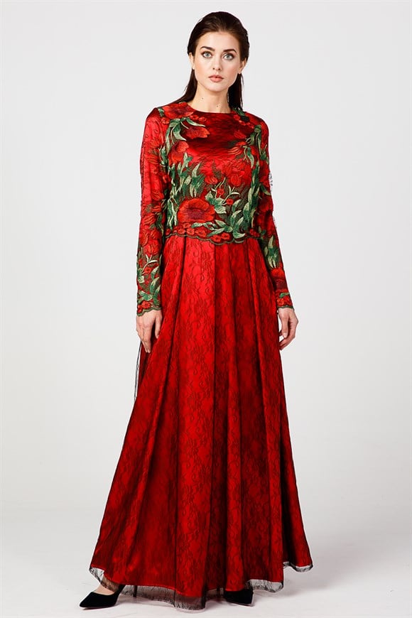 Kırmızı - Çiçek Detaylı Dantel Abiye Elbise