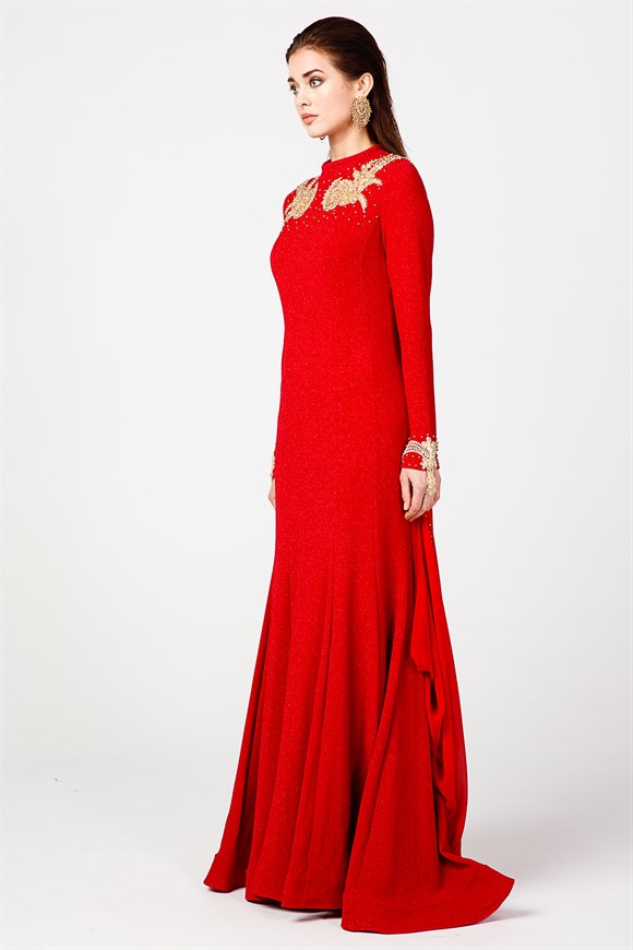 Kırmızı - Aplike Detaylı Balık Model Abiye Elbise