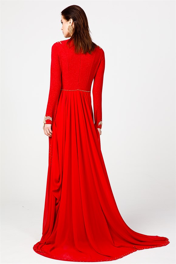 Kırmızı - Aplike Detaylı Balık Model Abiye Elbise