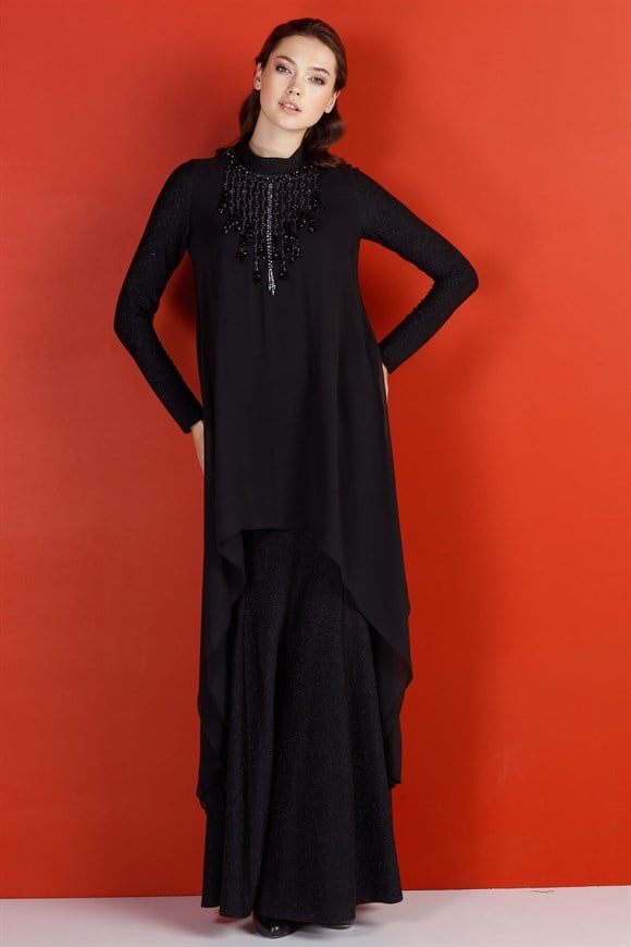 Siyah - Önü V Taşlı Şifon Detaylı Abiye Elbise