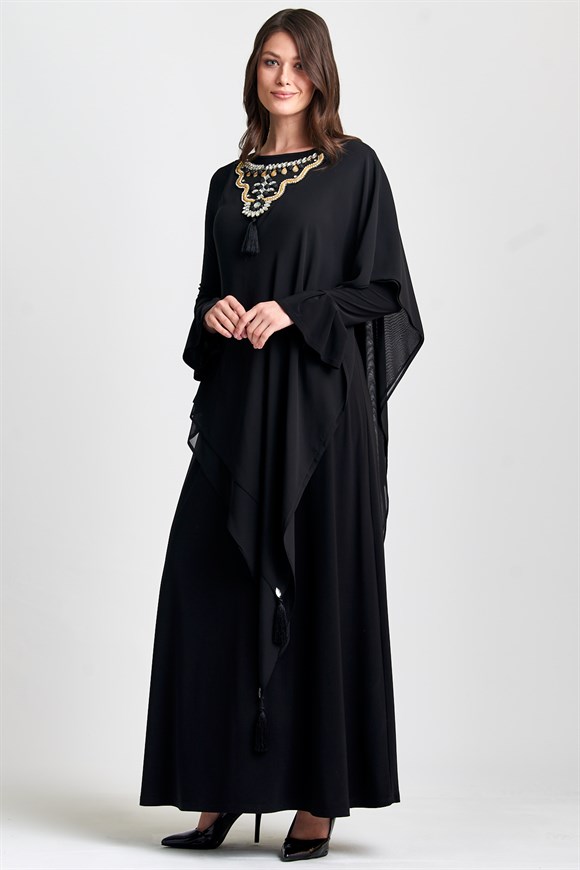 Siyah Kolu Volanlı 2'Li Abiye Elbise