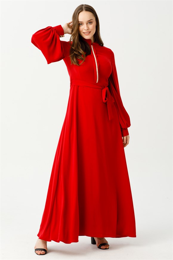 Eteği Kloş Kesim Önü Taş İşli Dökümlü Elbise  Kırmızı