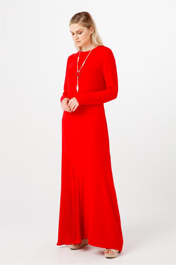 Kırmızı Eteği Piliseli Elbise