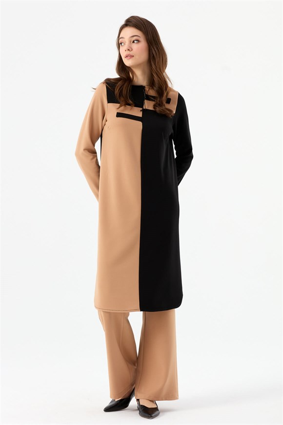 Şerit Detaylı Pantolonlu Takım  Camel