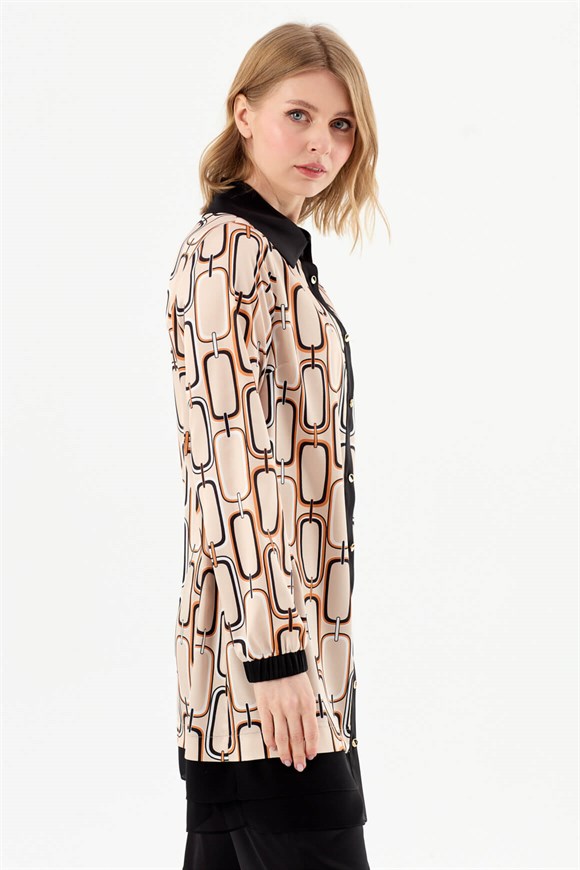 Zincir Desen Baskılı Pantolonlu Takım  Camel