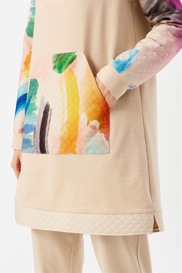 Renkli Desen Baskılı Sweatshirt  Bej
