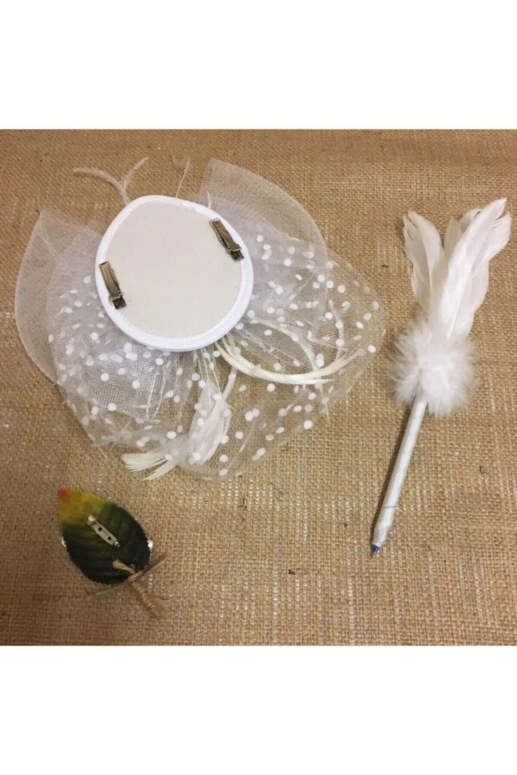 3lü Set Beyaz Puantiyeli İncili Gelin Kepi Nikah Şapkası Vualet Damat Yaka Çiçeği Ve Tüylü Kalem