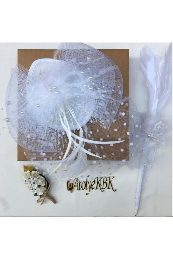 3lü Set Beyaz Puantiyeli İncili Gelin Kepi Nikah Şapkası Vualet Damat Yaka Çiçeği Ve Tüylü Kalem