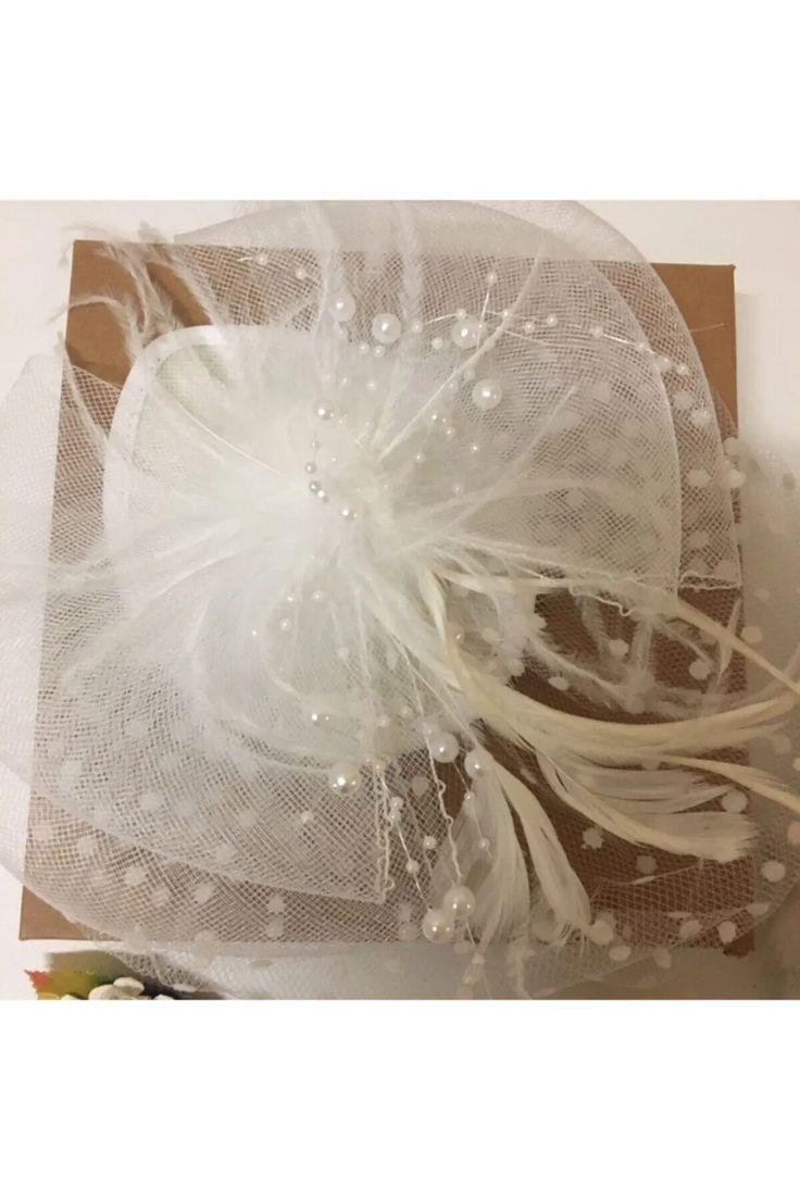 3lü Set Beyaz Puantiyeli İncili Gelin Kepi Nikah Şapkası Vualet Damat Yaka Çiçeği Ve Tüylü Kalem
