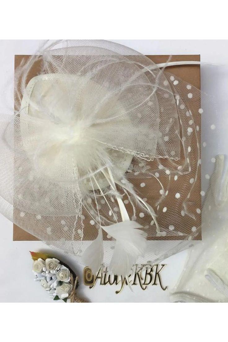 3lü Set Ekru Puantiyeli Gelin Kepi Nikah Şapkası Vualet Damat Yaka Çiçeği Ve Tüylü Kalem
