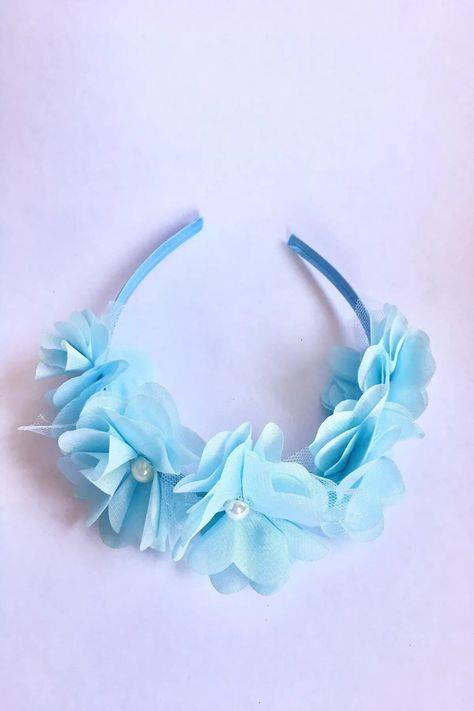 7 Çiçekli Bebe Mavi Saten Kaplama Kız Çocuk Frıda Party Ve Özel Gün Tacı