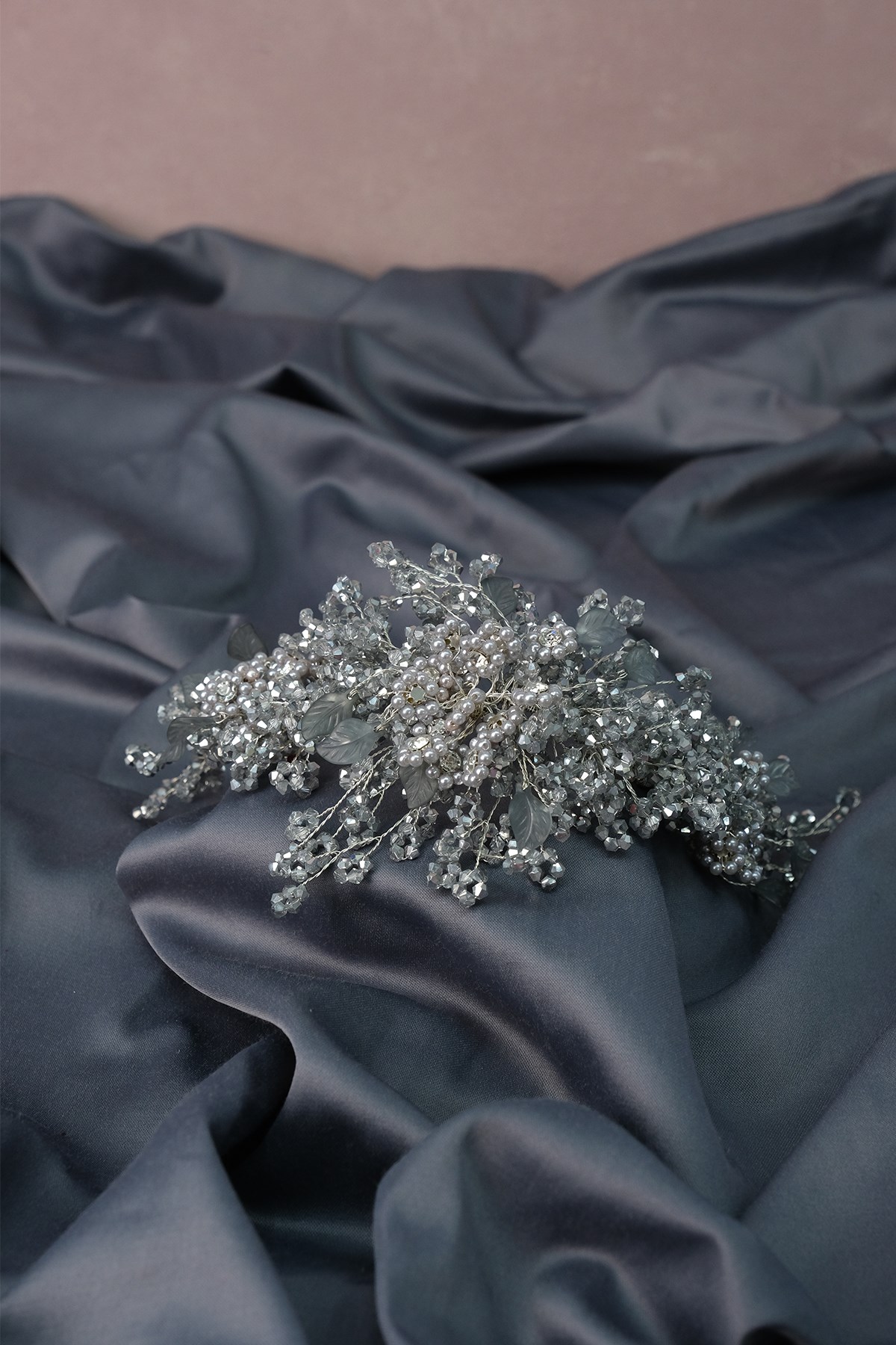Light Gray Azra Pearl Beaded Bridal Henna Tiara Hair Accessory