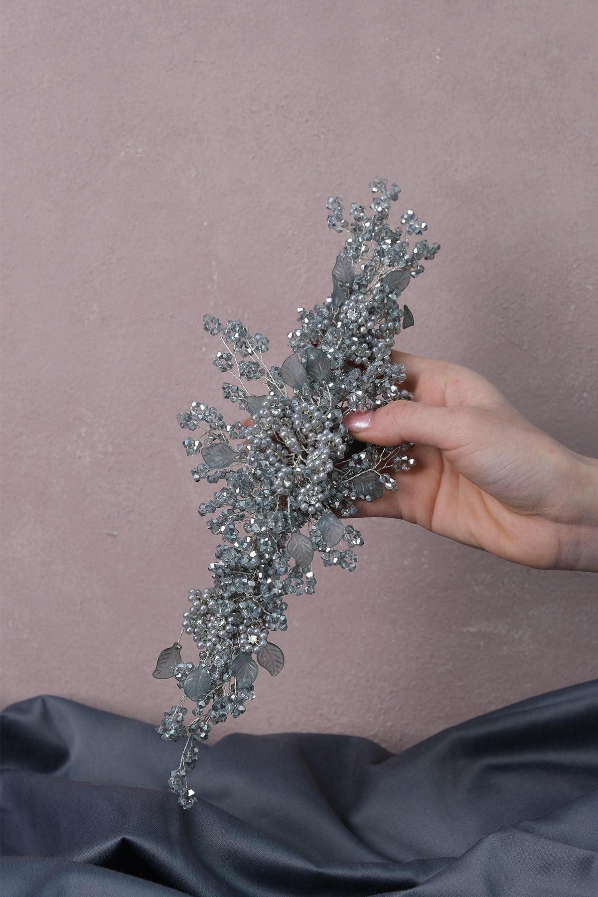 Light Gray Azra Pearl Beaded Bridal Henna Tiara Hair Accessory