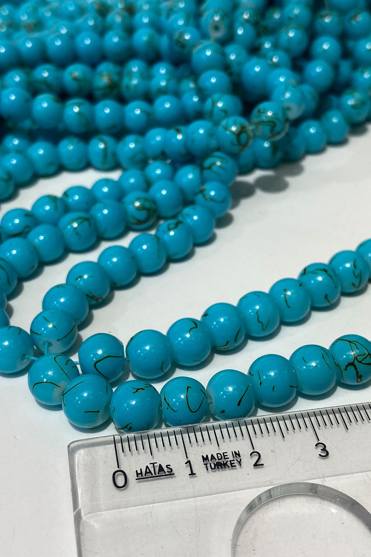Light Turquoise Patterned String Glass Beads 8 mm