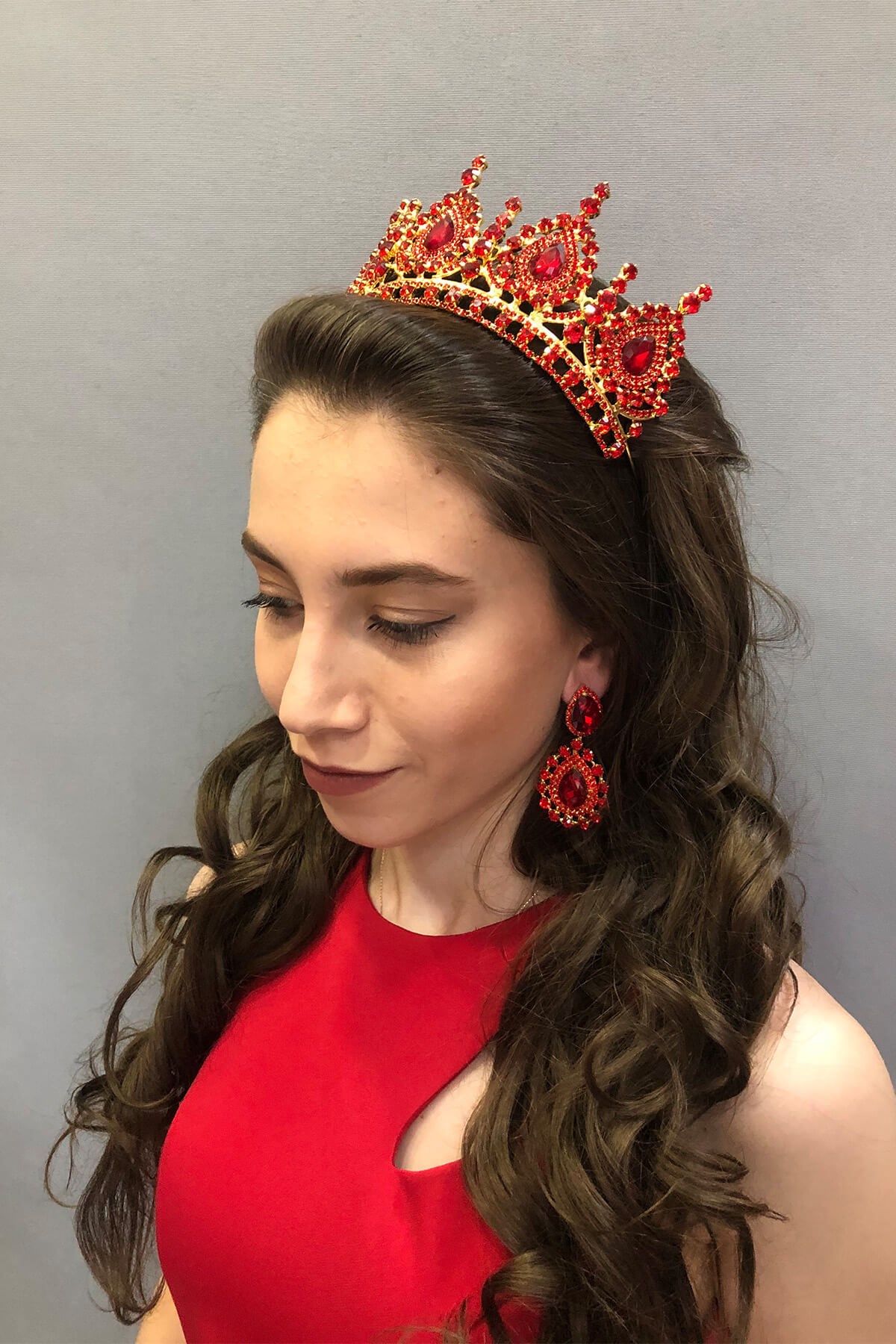 Ahu Model Red Bridal Henna Tiara and Earring