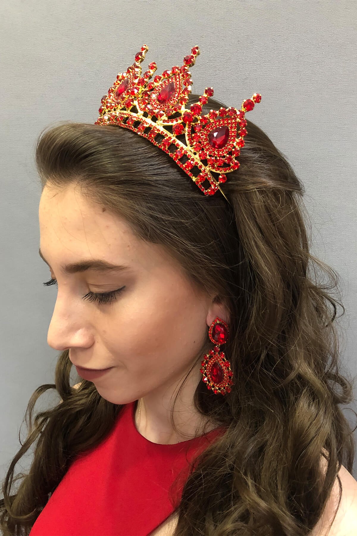 Ahu Model Red Bridal Henna Tiara and Earring