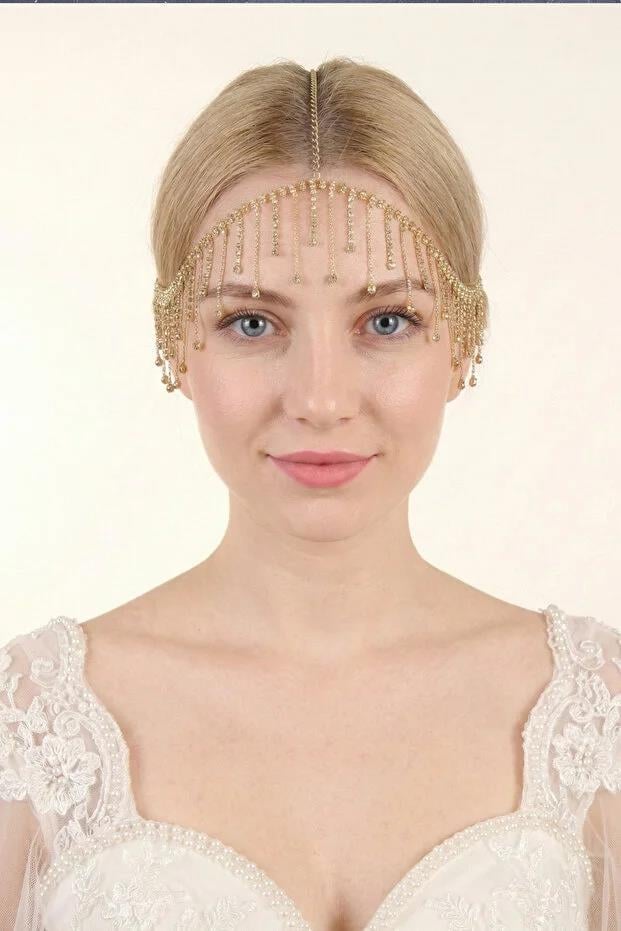 Forehead Pendant with Crystal Stones and Tassels, Hair Accessory for Evening Wear, Engagement Dress, Bridal Headpiece