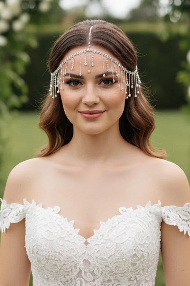 Forehead Headband with Tassel and Teardrop Detail, Wedding, Engagement, Special Occasion Crownpiece
