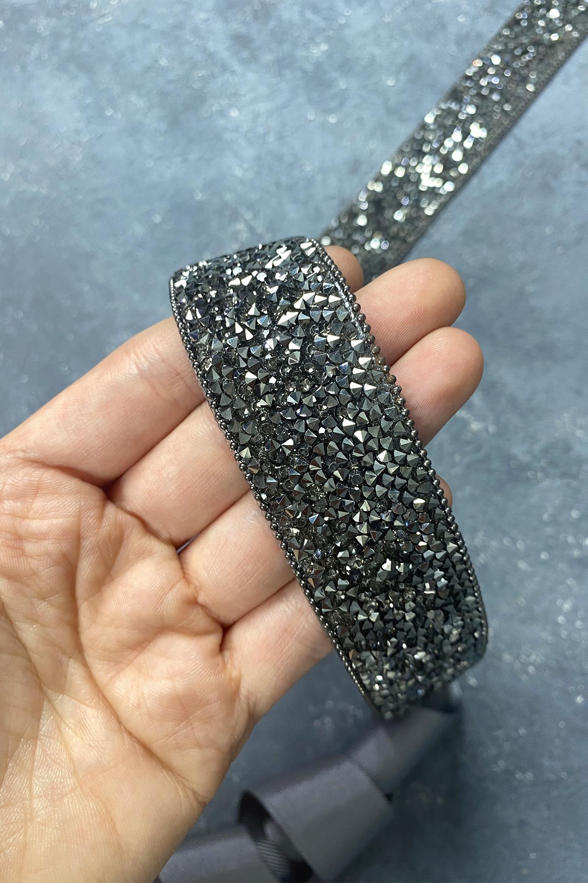 Anthracite Gray Bead Embroidered Chain and Stone Evening Dress Waist Belt