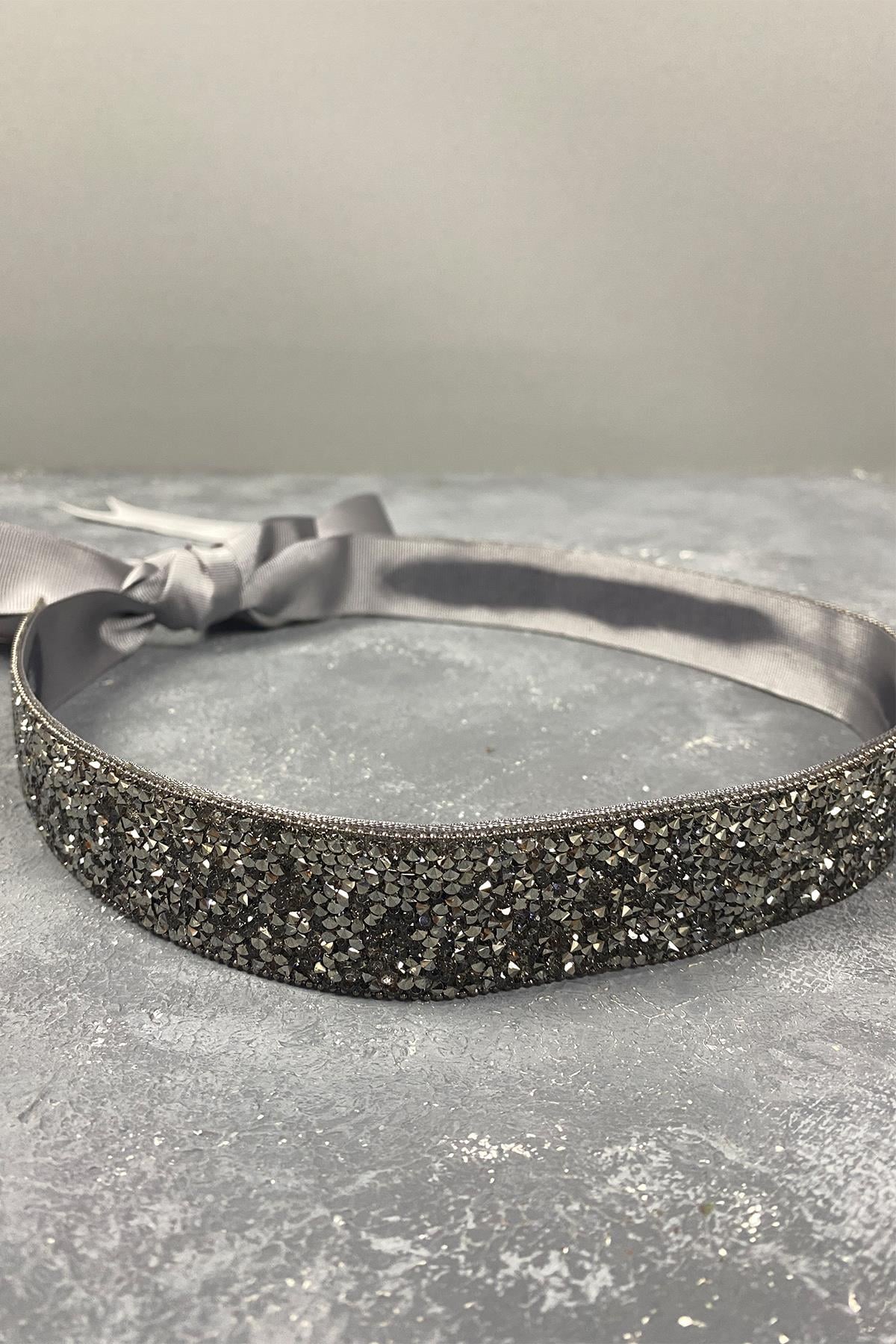 Anthracite Gray Bead Embroidered Chain and Stone Evening Dress Waist Belt