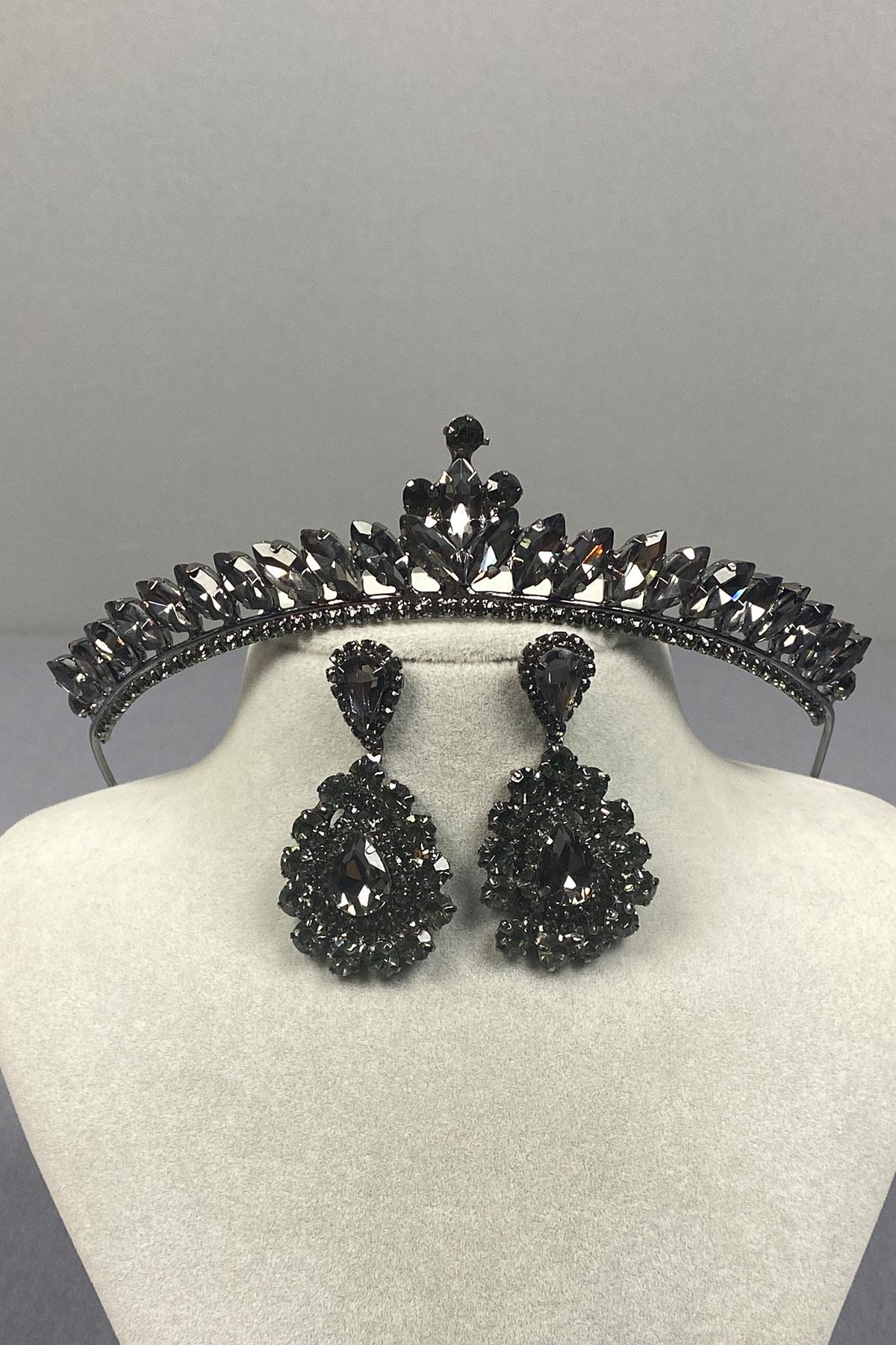 Anthracite Gray Ece Bridal Henna Crown and Drop Stone Earring Set