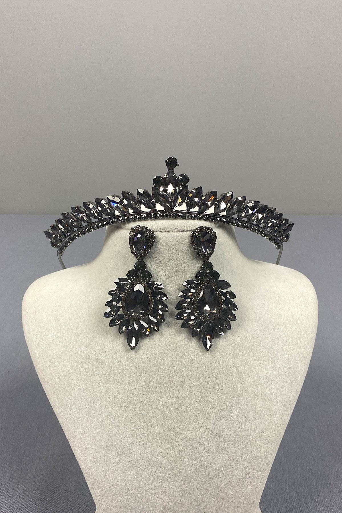 Anthracite Gray Ece Bridal Henna Crown and Drop Shuttle Earring Set