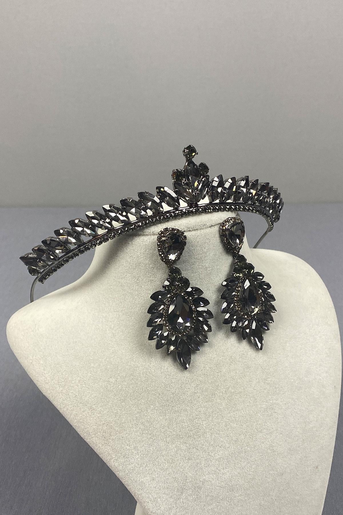 Anthracite Gray Ece Bridal Henna Crown and Drop Shuttle Earring Set
