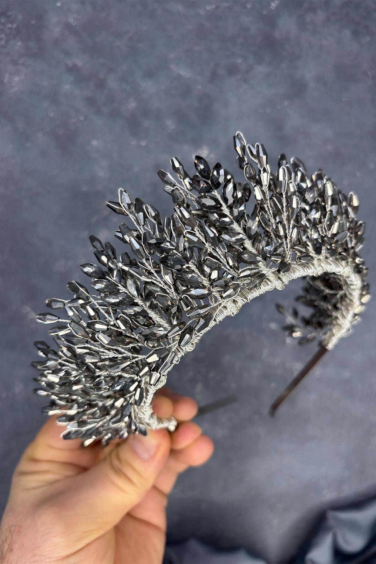Anthracite Gray Elisa Design Beaded Bridal Henna Crown Hair Accessory